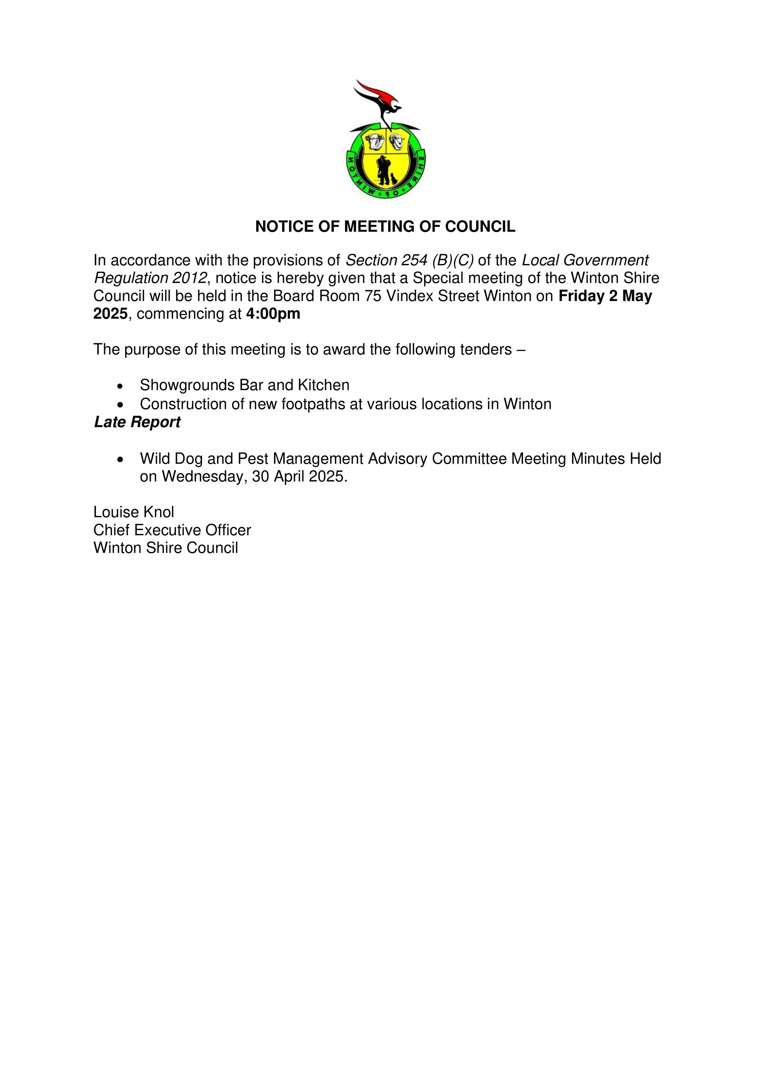 25.05 Special Meeting Notice May