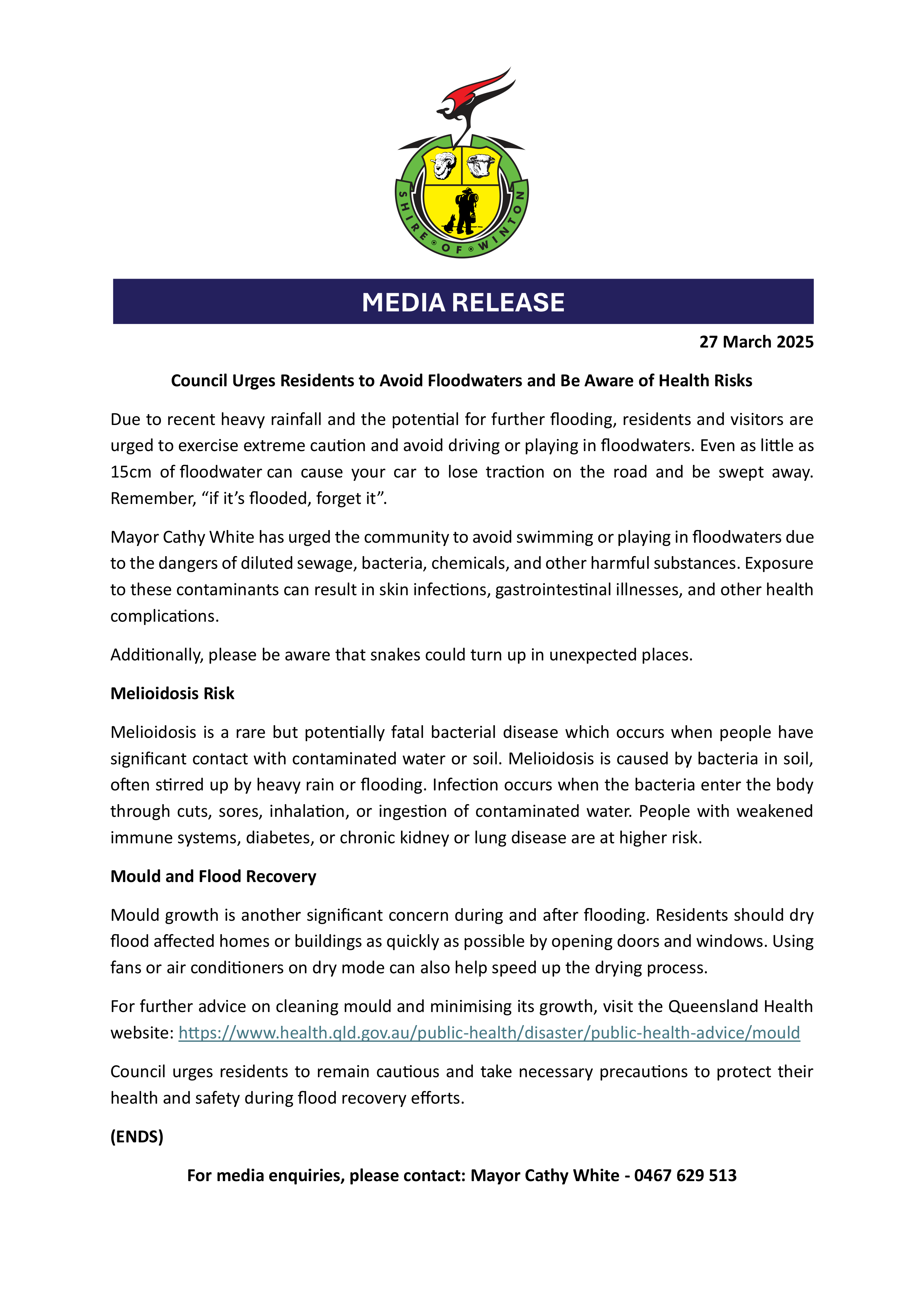 Council urges residents to avoid floodwaters and be aware of health risks