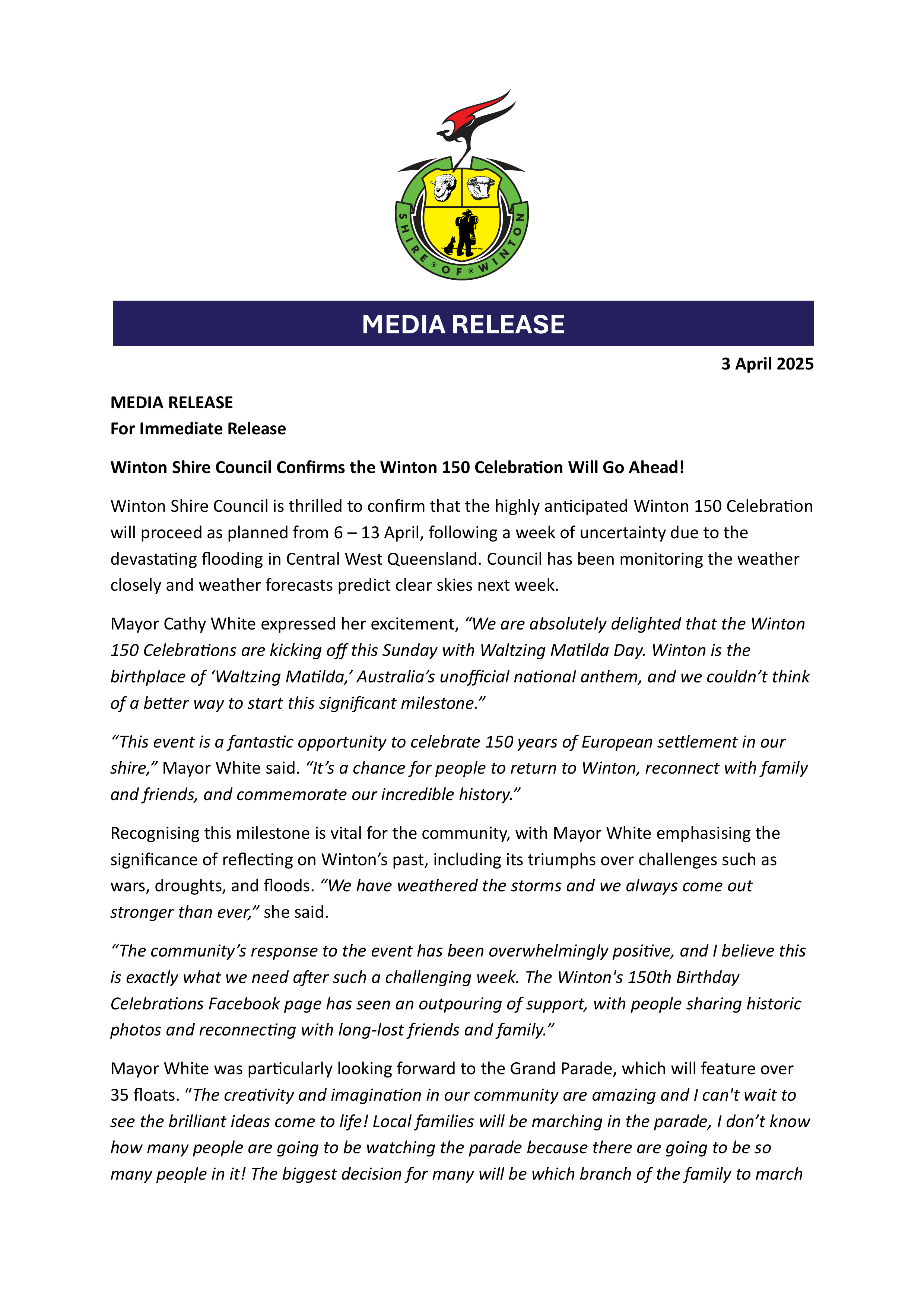 Media Release Winton 150 Celebrations 1