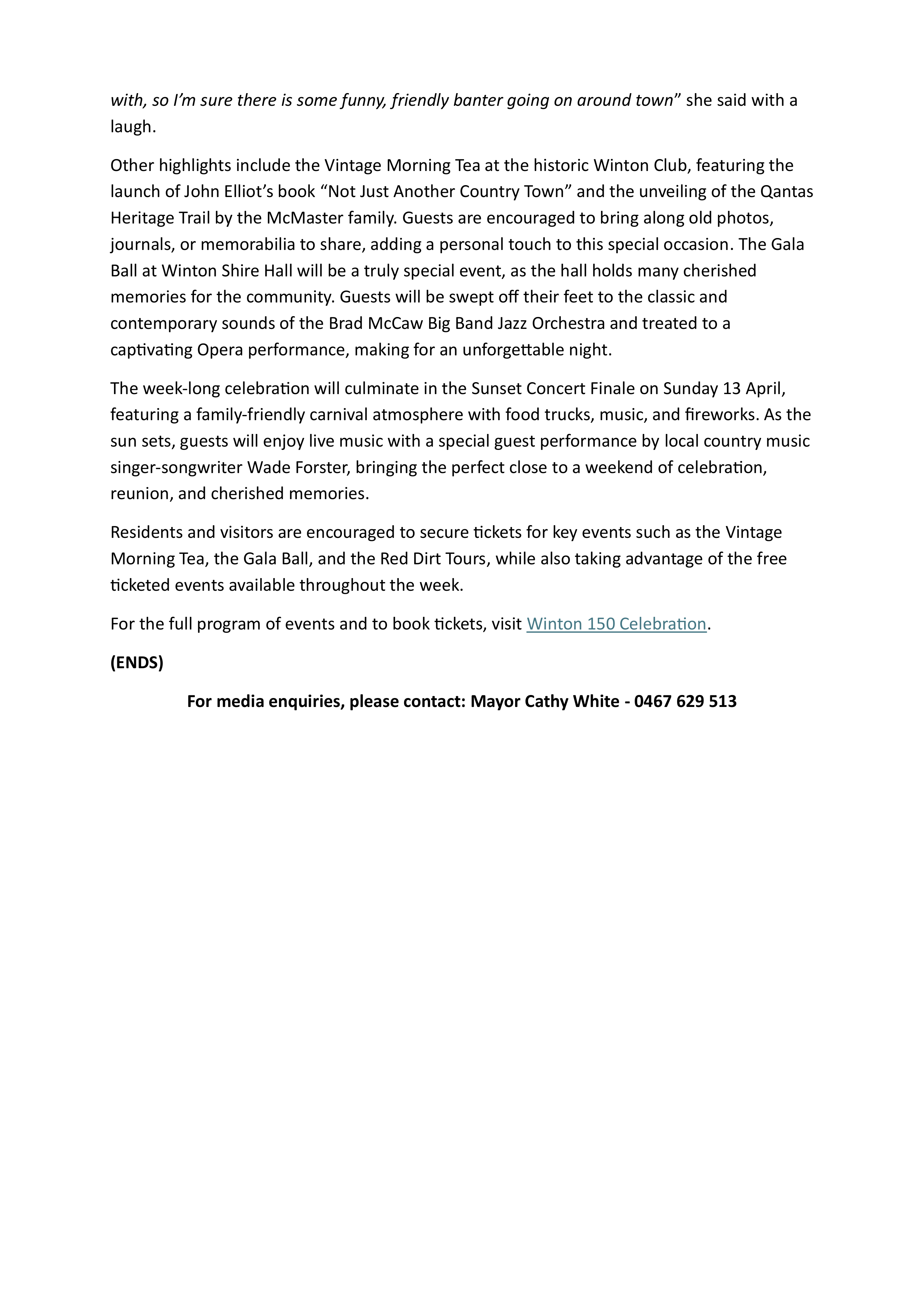 Media Release Winton 150 Celebrations 2